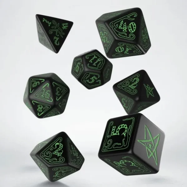 Q-Workshop Call of Cthulhu Dice Set Black with Green Etches (7 Piece Set) - Your Source for Gaming Essentials Outlet