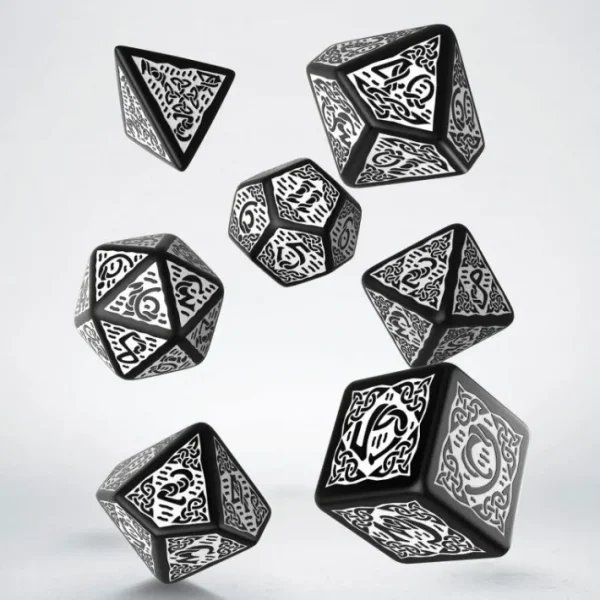 Q-Workshop Celtic 3D Revised 7 Piece Dice Set - Black and White - Your Source for Gaming Essentials Outlet