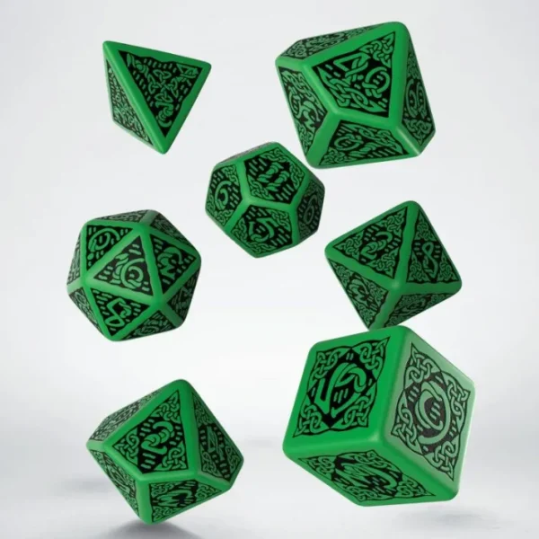 Q-Workshop Celtic Dice Set 3D Green with Black Revised (7 Piece Set) - Your Source for Gaming Essentials Shop