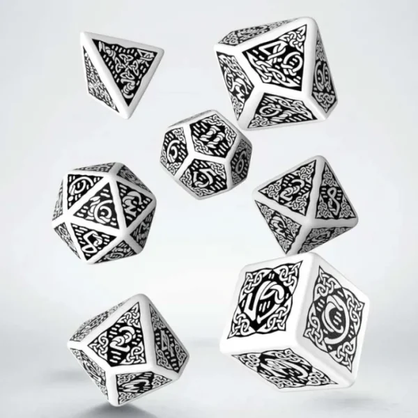 Q-Workshop Celtic Dice Set 3D White with Black (7 Piece Polyhedral Set) - Your Source for Gaming Essentials Online