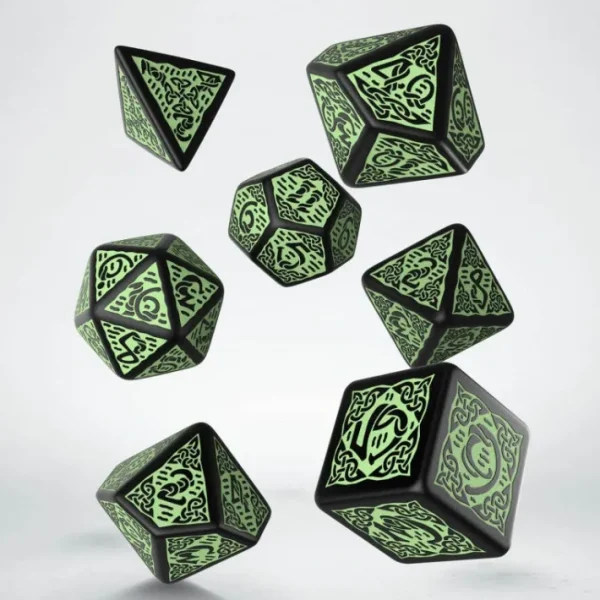 Q-Workshop Celtic Dice Set - 3D Revised Black and Green (7 Pieces) - Your Source for Gaming Essentials Best