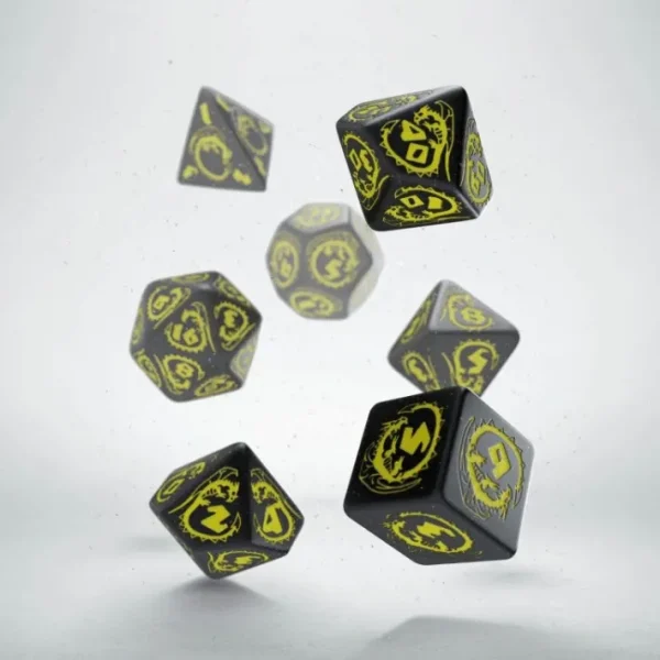 Q-Workshop Dragons Dice Set Black with Yellow Etches (7 Piece Set) - Your Source for Gaming Essentials Store