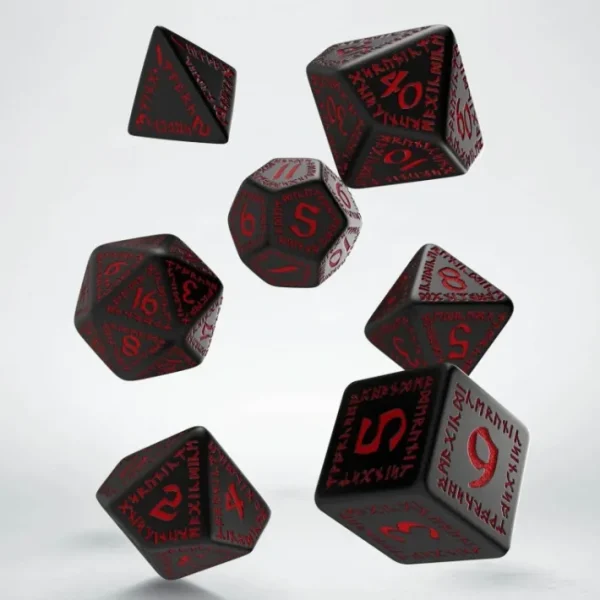 Q-Workshop Polyhedral Runic Dice Set - Black with Red Etches (7 Piece Set) - Your Source for Gaming Essentials Discount