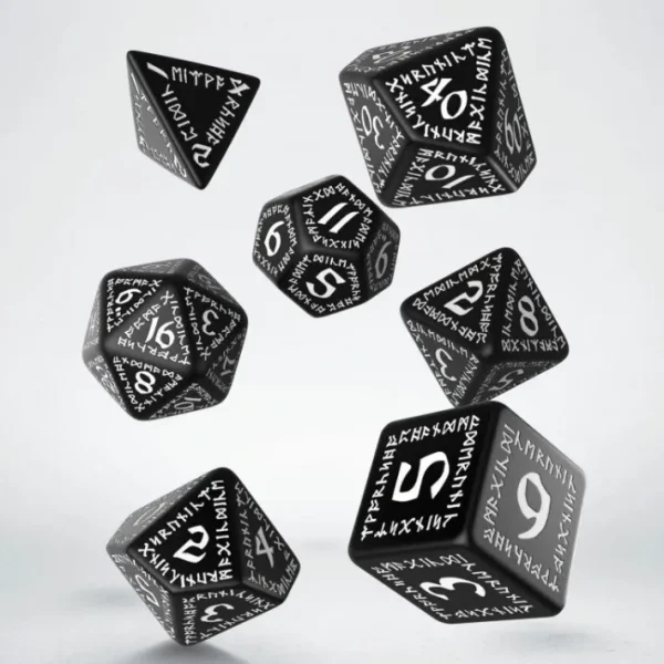 Q-Workshop Runic Dice Set Black with White Etches (7 Pieces Set) - Your Source for Gaming Essentials Store