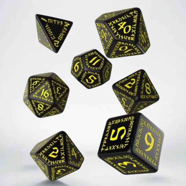 Q-Workshop Runic Dice Set Black with Yellow Etches (7 Pieces Set) - Your Source for Gaming Essentials Shop