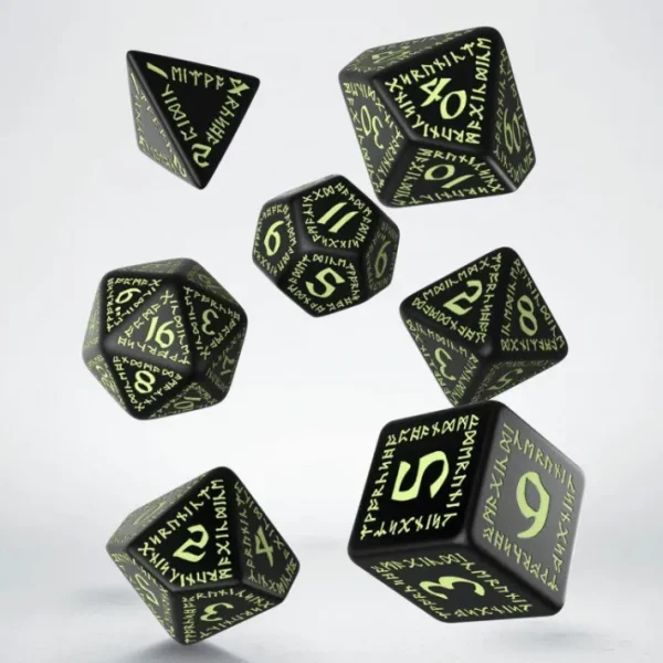 Q-Workshop Runic Dice Set Black with Glow-in-the-Dark Etches (7 Pieces Set) - Your Source for Gaming Essentials New