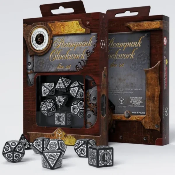 Q-Workshop Steampunk Clockwork Dice Set Black with White Etches (7 Piece Set) - Your Source for Gaming Essentials Cheap