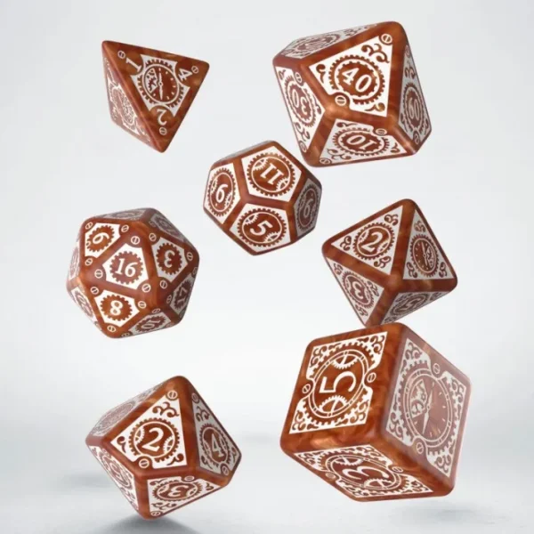 Q-Workshop Steampunk Clockwork Dice Set Caramel with White Etches (7 Piece Set) - Your Source for Gaming Essentials Store