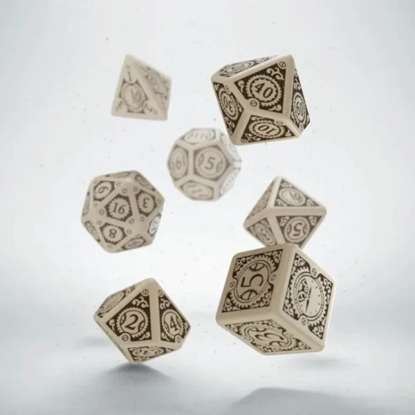Q-Workshop Steampunk Clockwork Dice Set Beige with Brown Etches (7 Piece Set) - Your Source for Gaming Essentials Cheap