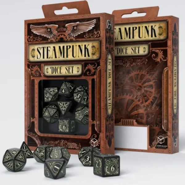 Q-Workshop Steampunk Dice Set Black with Glow-in-the-Dark Etches (7 Piece Set) - Your Source for Gaming Essentials Hot