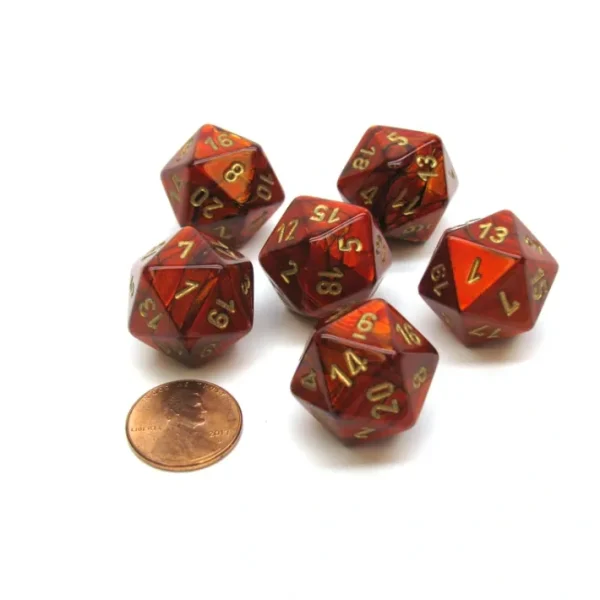Scarab 20 Sided D20 Chessex Dice, 6 Pieces - Scarlet with Gold Numbers - Your Source for Gaming Essentials Clearance