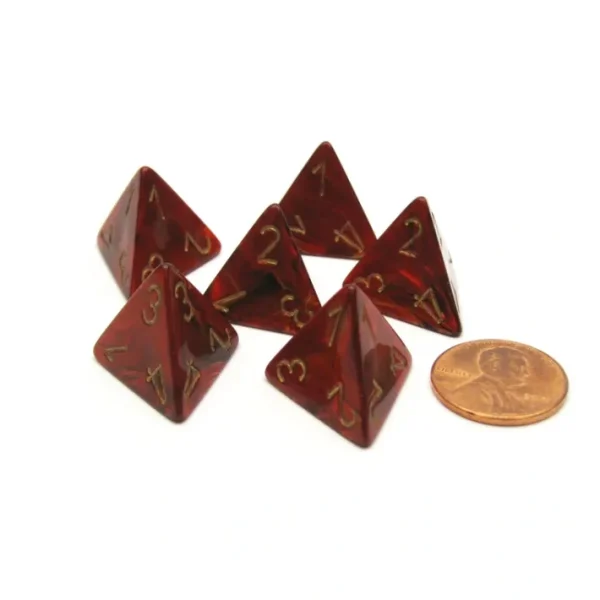 Scarab 18mm 4 Sided D4 Chessex Dice, 6 Pieces - Scarlet with Gold - Your Source for Gaming Essentials Store