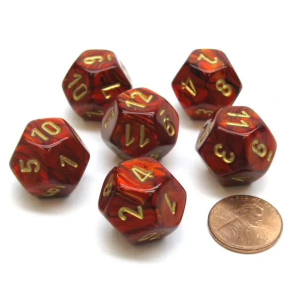 Scarab 18mm 12 Sided D12 Chessex Dice, 6 Pieces - Scarlet with Gold - Your Source for Gaming Essentials Fashion