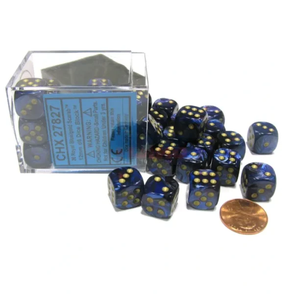 Scarab 12mm D6 Chessex Dice Block (36 Dice) - Royal Blue with Gold Pips - Your Source for Gaming Essentials Cheap