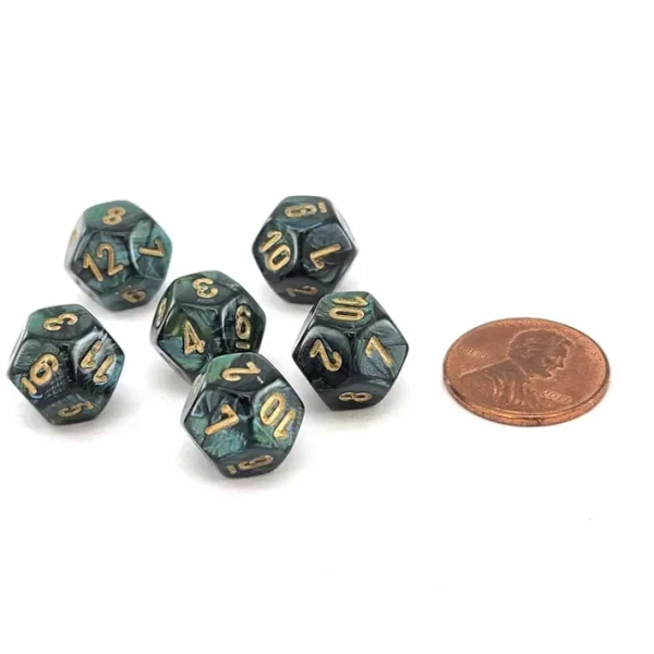 Scarab 12mm Mini 12 Sided D12 Dice, 6 Pieces - Jade with Gold Numbers - Your Source for Gaming Essentials Discount