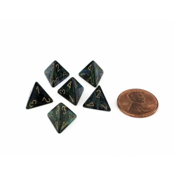 Scarab 12mm Mini 4 Sided D4 Dice, 6 Pieces - Jade with Gold Numbers - Your Source for Gaming Essentials Clearance