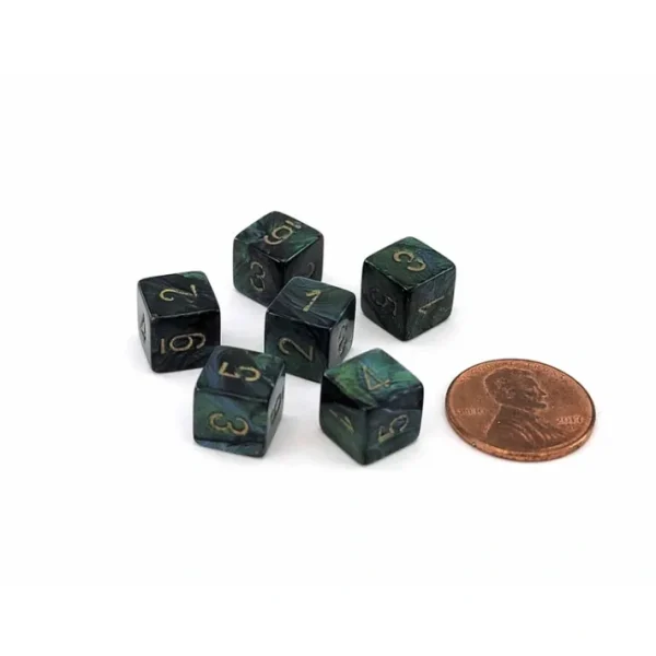 Scarab 9mm Mini 6 Sided D6 Dice, 6 Pieces - Jade with Gold Numbers - Your Source for Gaming Essentials New