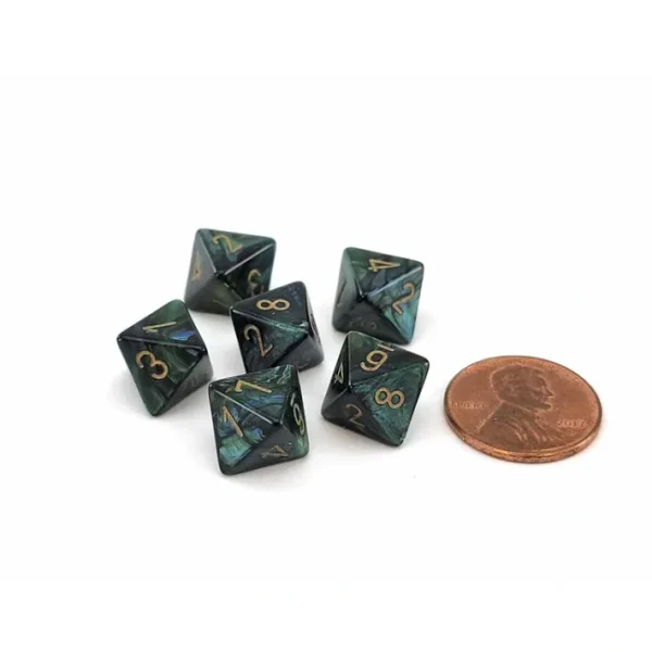 Scarab 9mm Mini 8 Sided D8 Dice, 6 Pieces - Jade with Gold Numbers - Your Source for Gaming Essentials Cheap