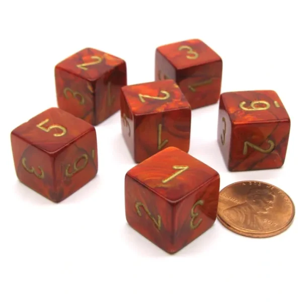 Scarab 15mm 6-Sided D6 Numbered Chessex Dice, 6 Pieces - Scarlet with Gold - Your Source for Gaming Essentials Online