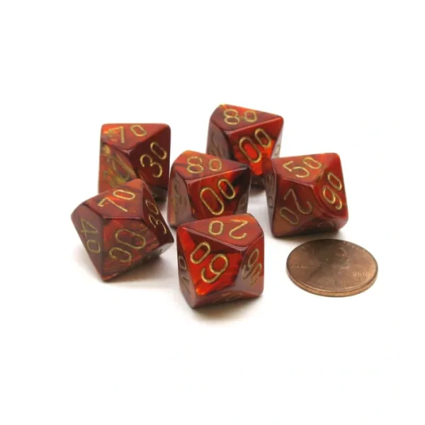 Scarab 16mm Tens D10 (00-90) Chessex Dice, 6 Pieces - Scarlet with Gold Numbers - Your Source for Gaming Essentials Cheap