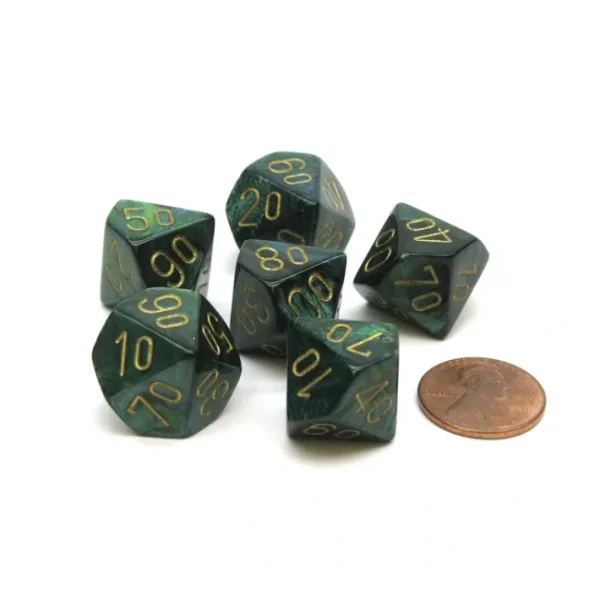 Scarab 16mm Tens D10 (00-90) Chessex Dice, 6 Pieces - Jade with Gold Numbers - Your Source for Gaming Essentials Flash Sale