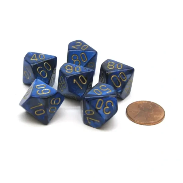 Scarab 16mm Tens D10 (00-90) Dice, 6 Pieces - Royal Blue with Gold Numbers - Your Source for Gaming Essentials Discount
