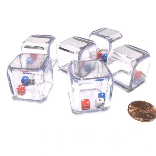 Set of 6 '3 In a Cube' Dice - 5mm Red White and Blue Tiny Dice Inside 25mm Cube - Your Source for Gaming Essentials Hot