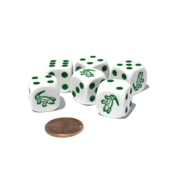 Set of 6 Alligator 16mm D6 Round Edge Animal Dice - White with Green Pips - Your Source for Gaming Essentials Store