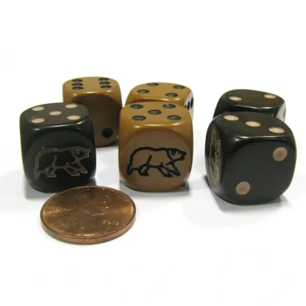 Set of 6 Bear 16mm D6 Round Edge Animal Dice - 3 Each of Black and Brown - Your Source for Gaming Essentials Store