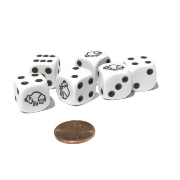 Set of 6 Bison 16mm D6 Round Edge Animal Dice - White with Dark Brown Pips - Your Source for Gaming Essentials Discount