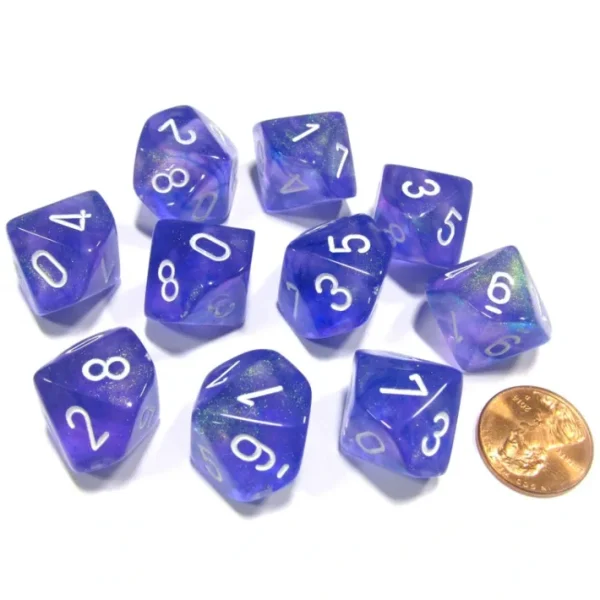 Set of 10 Chessex Borealis D10 Dice - Purple with White Numbers - Your Source for Gaming Essentials Flash Sale