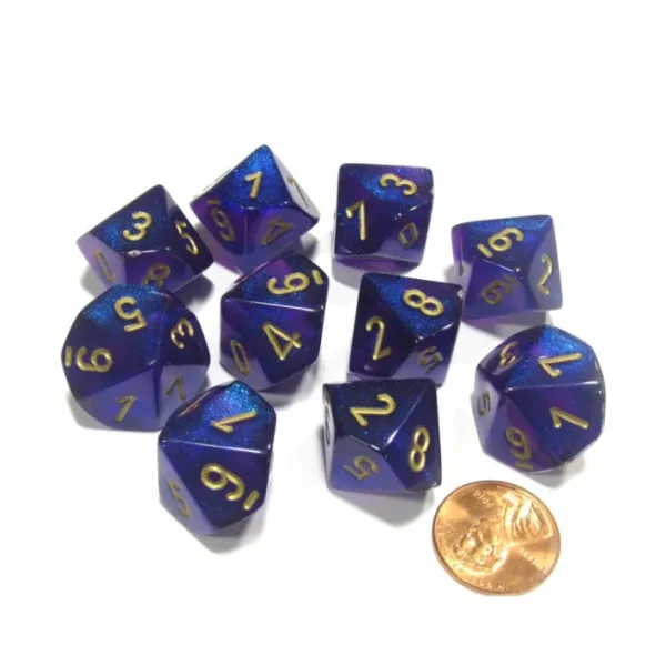 Set of 10 Chessex Borealis D10 Dice - Royal Purple with Gold Numbers - Your Source for Gaming Essentials Cheap