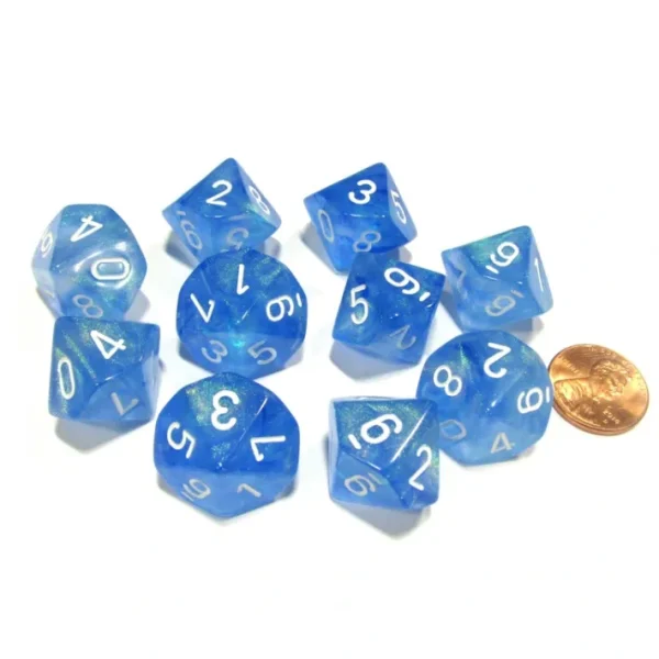 Set of 10 Chessex Borealis D10 Dice - Sky Blue with White Numbers - Your Source for Gaming Essentials Fashion