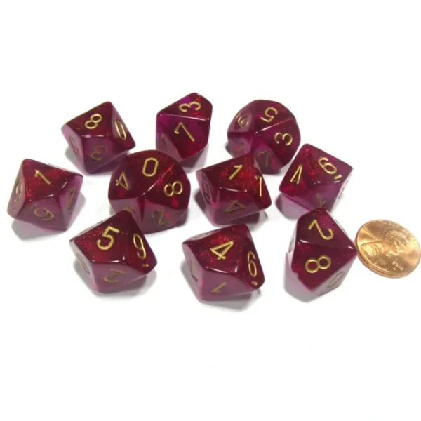 Set of 10 Chessex Borealis D10 Dice - Magenta with Gold Numbers - Your Source for Gaming Essentials Online