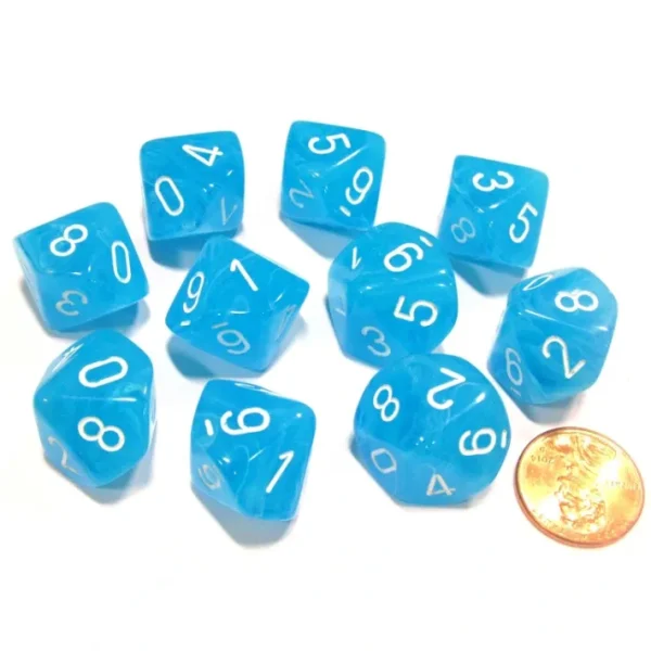 Set of 10 Chessex Cirrus D10 Dice - Light Blue with White Numbers - Your Source for Gaming Essentials Online