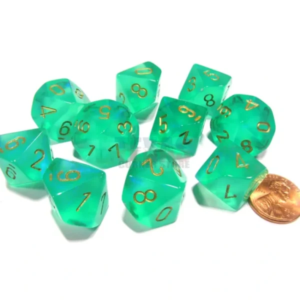 Set of 10 Chessex D10 Dice - Borealis #2 Light Green with Gold Numbers - Your Source for Gaming Essentials Cheap