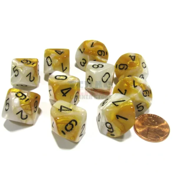 Set of 10 Chessex D10 Dice - Gemini Gold-White with Black Numbers - Your Source for Gaming Essentials Cheap