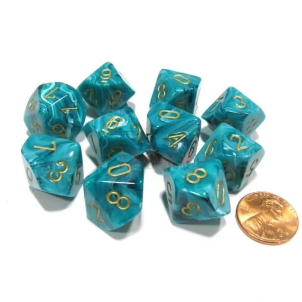 Set of 10 Chessex D10 Dice - Vortex Teal with Gold Numbers - Your Source for Gaming Essentials Store