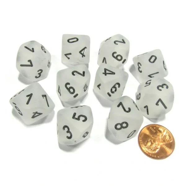 Set of 10 Chessex Frosted D10 Dice - Clear with Black Numbers - Your Source for Gaming Essentials Cheap