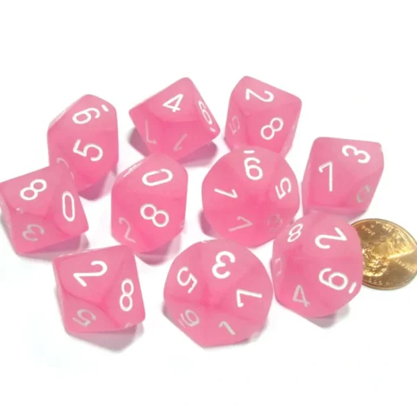 Set of 10 Chessex Frosted D10 Dice - Pink with White Numbers - Your Source for Gaming Essentials Hot