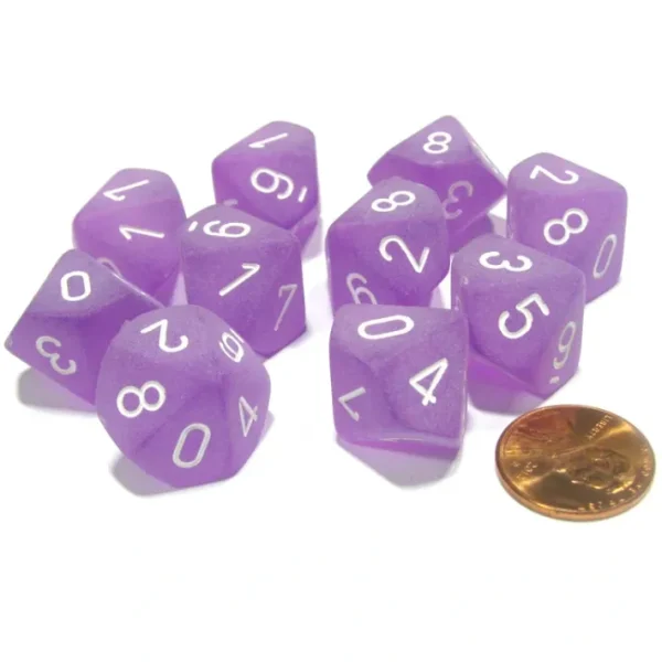 Set of 10 Chessex Frosted D10 Dice - Purple with White Numbers - Your Source for Gaming Essentials Cheap