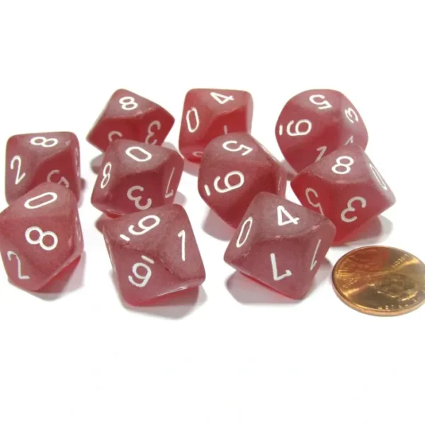 Set of 10 Chessex Frosted D10 Dice - Red with White Numbers - Your Source for Gaming Essentials Clearance