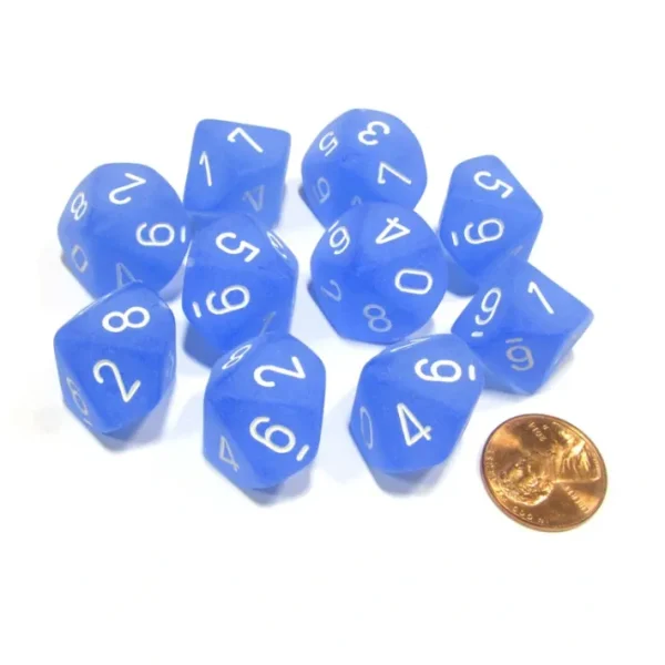 Set of 10 Chessex Frosted D10 Dice - Blue with White Numbers - Your Source for Gaming Essentials Shop