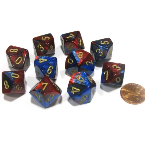 Set of 10 Chessex Gemini D10 Dice - Blue-Red with Gold Numbers - Your Source for Gaming Essentials Outlet