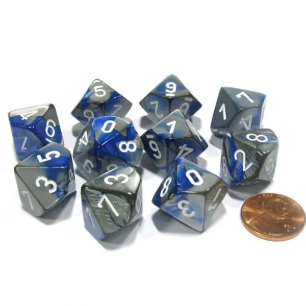 Set of 10 Chessex Gemini D10 Dice - Blue-Steel with White Numbers - Your Source for Gaming Essentials Online