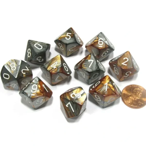 Set of 10 Chessex Gemini D10 Dice - Copper-Steel with White Numbers - Your Source for Gaming Essentials Online