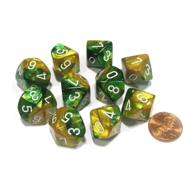 Set of 10 Chessex Gemini D10 Dice - Gold-Green with White Numbers - Your Source for Gaming Essentials Cheap