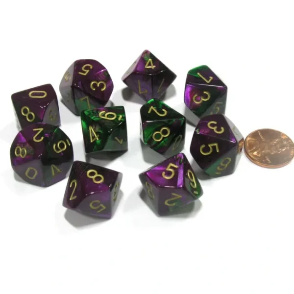 Set of 10 Chessex Gemini D10 Dice - Green-Purple with Gold Numbers - Your Source for Gaming Essentials Discount