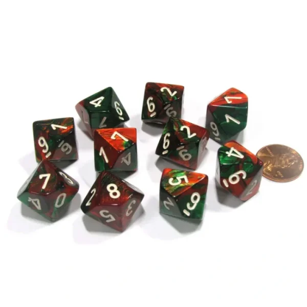 Set of 10 Chessex Gemini D10 Dice - Green-Red with White Numbers - Your Source for Gaming Essentials New