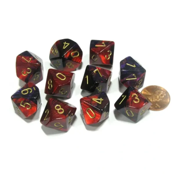 Set of 10 Chessex Gemini D10 Dice - Purple-Red with Gold Numbers - Your Source for Gaming Essentials New